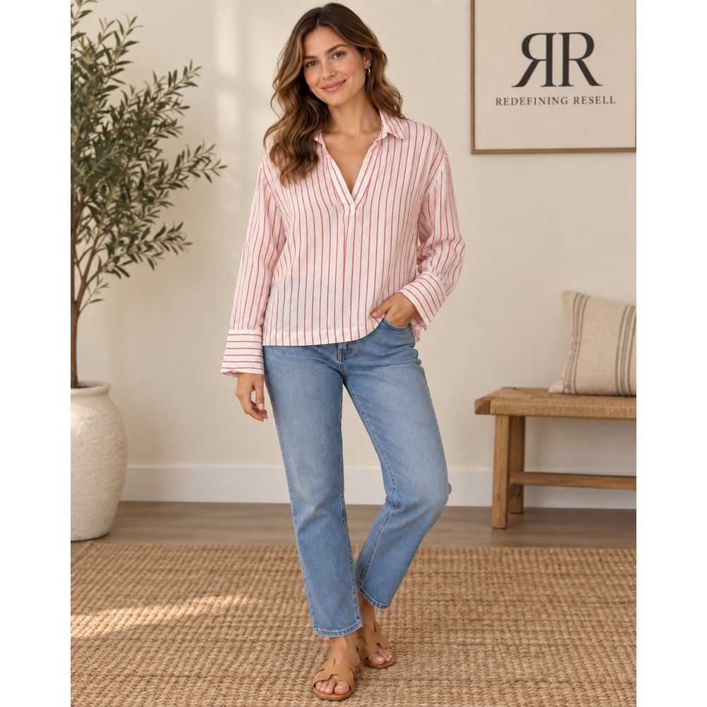 Martha Stewart Collection Red White Striped 100% Linen V-Neck Pullover Top Small